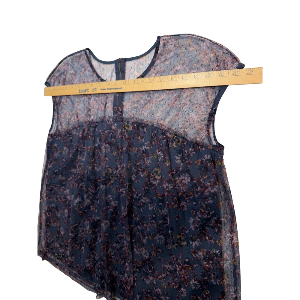 Floral Mesh Cap Sleeve Babydoll Blouse Blue Purple Sheer Overlay Top - Picture 6 of 10